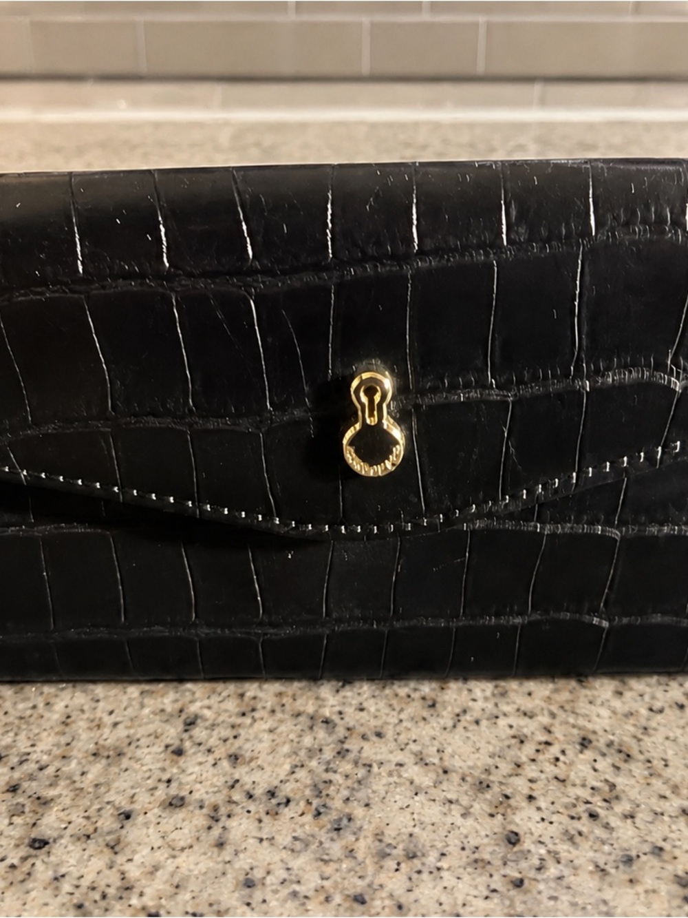 London Fog Black Croc Embossed Wristlet Wallet Clutch Gold Hardware